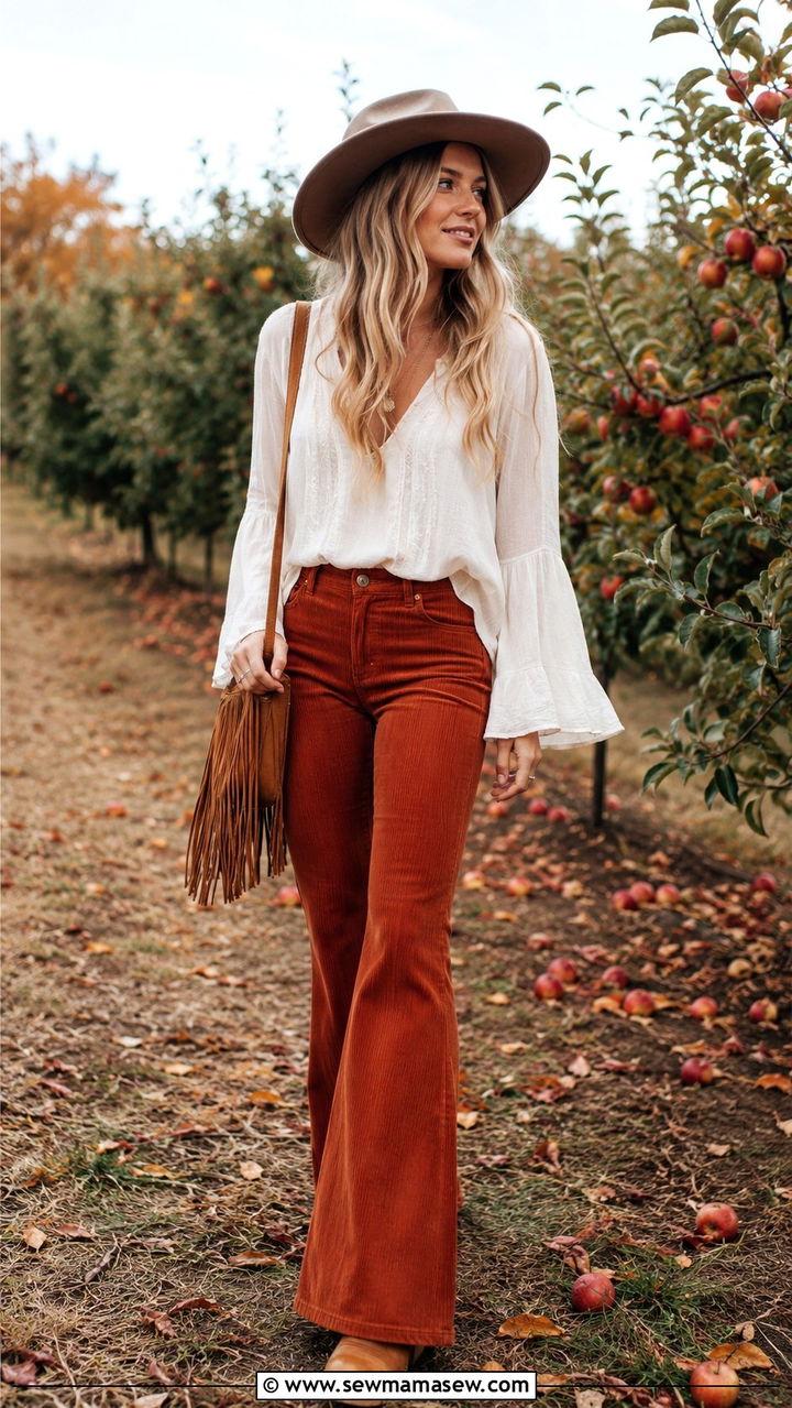 70s Boho Outfit With Bell Sleeve Top And Corduroy Flares - 25 Boho outfit ideas 70s style