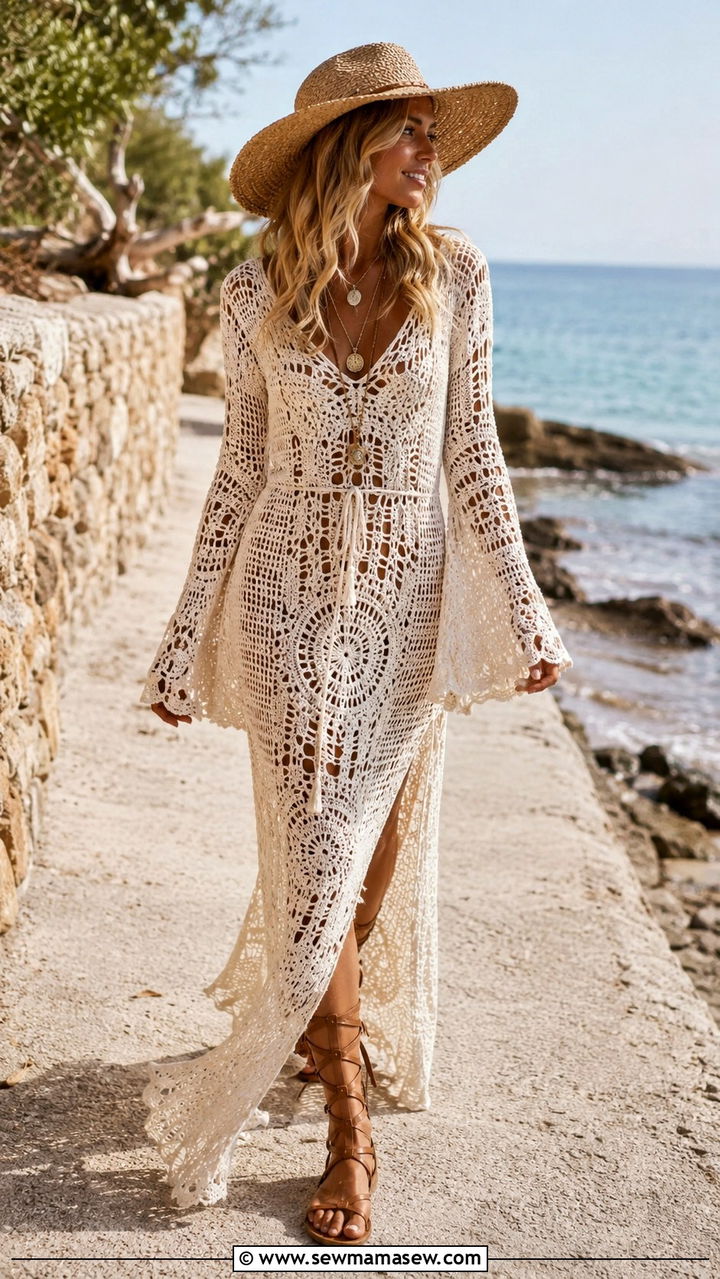70s Boho Outfit With Crochet Maxi Dress And Gladiator Sandals - 25 Boho outfit ideas 70s style