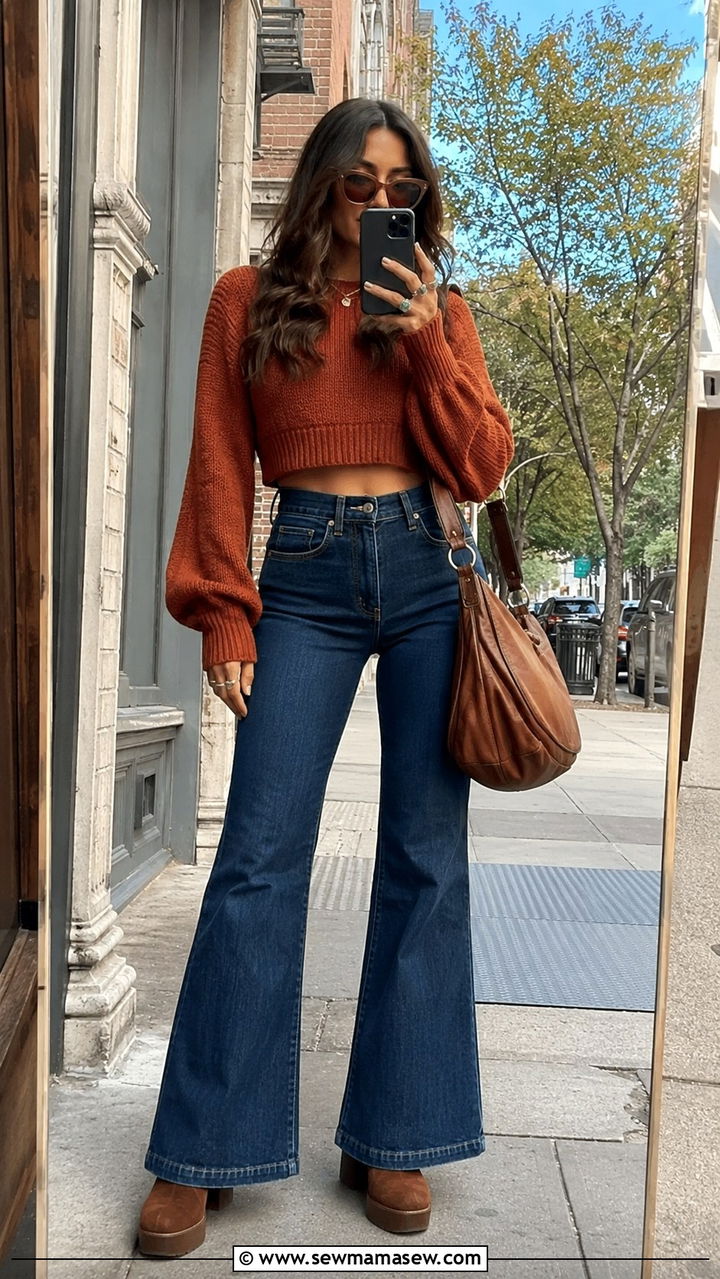 70s Boho Outfit With Cropped Sweater And High Waisted Flares - 25 Boho outfit ideas 70s style