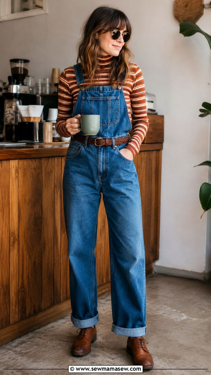 70s Boho Outfit With Denim Overalls And Striped Turtleneck - 25 Boho outfit ideas 70s style