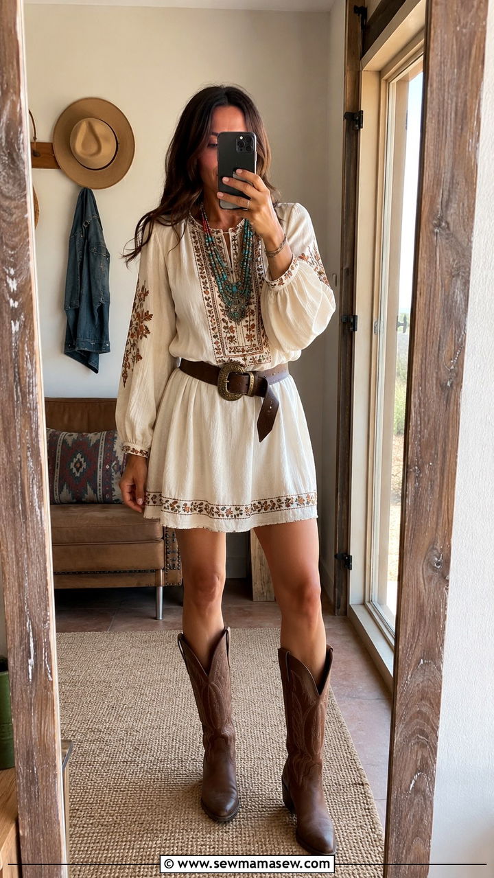 70s Boho Outfit With Embroidered Tunic And Cowboy Boots - 25 Boho outfit ideas 70s style