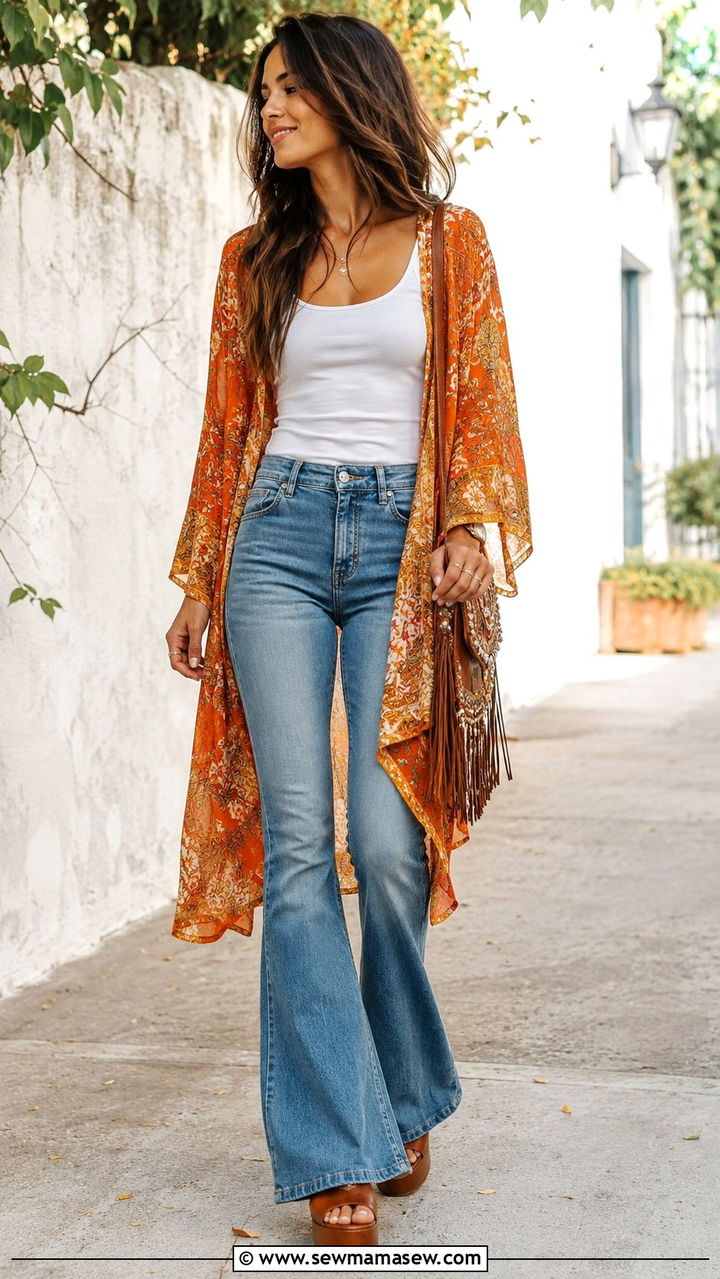 70s Boho Outfit With Floral Kimono And Platform Sandals - 25 Boho outfit ideas 70s style