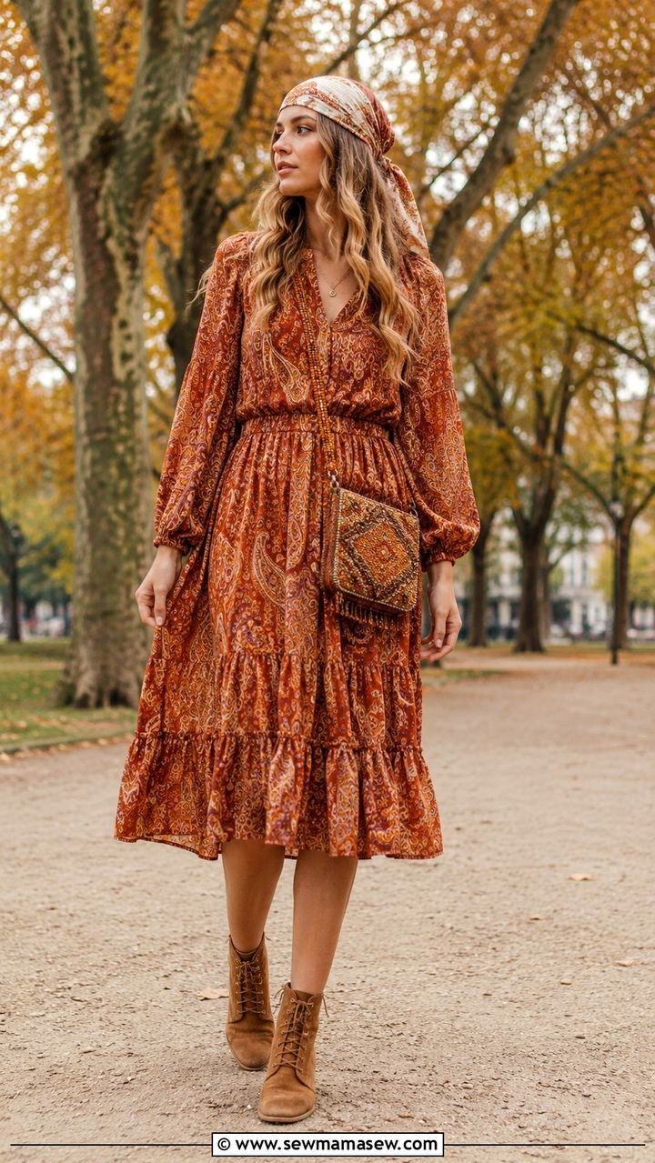 70s Boho Outfit With Paisley Midi Dress And Lace Up Boots - 25 Boho outfit ideas 70s style