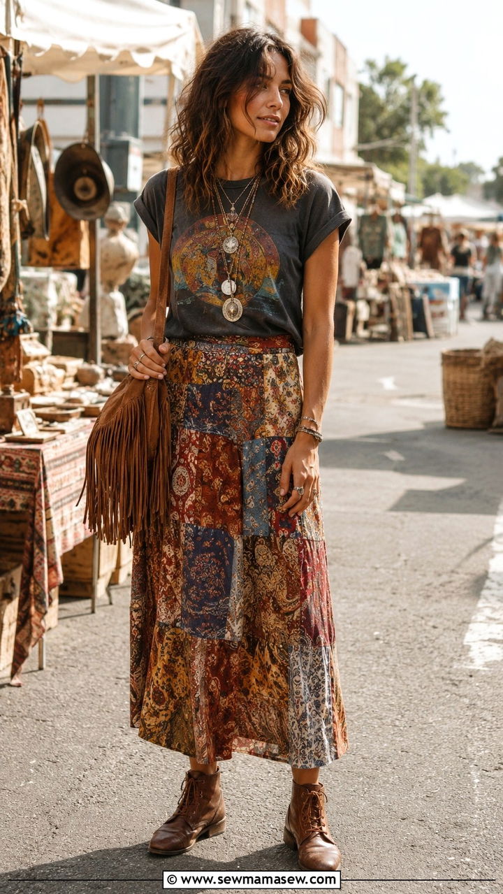 70s Boho Outfit With Patchwork Skirt And Band Tee - 25 Boho outfit ideas 70s style