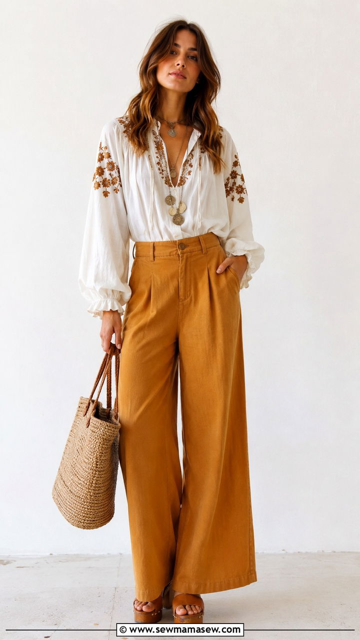70s Boho Outfit With Peasant Blouse And Wide Leg Trousers - 25 Boho outfit ideas 70s style