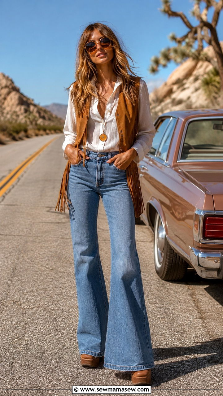 70s Boho Outfit With Suede Vest And Bell Bottom Jeans - 25 Boho outfit ideas 70s style