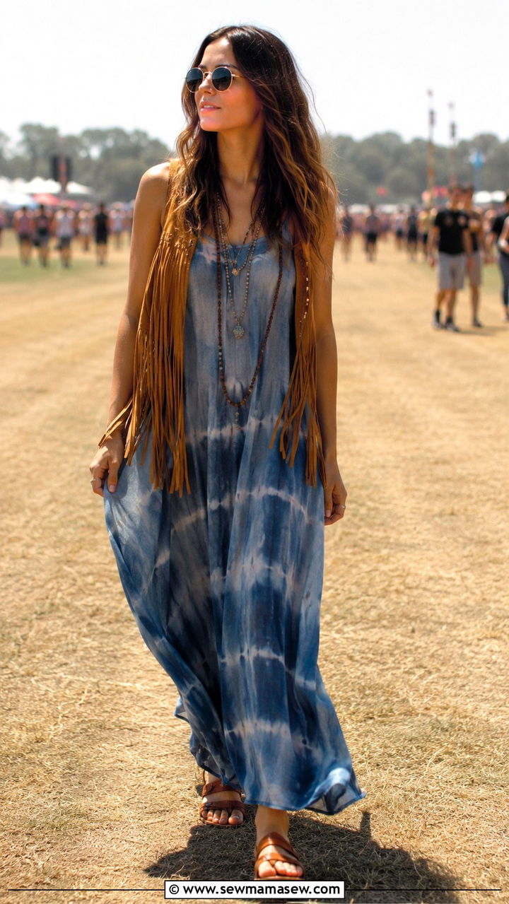 70s Boho Outfit With Tie Dye Maxi Dress And Fringe Vest - 25 Boho outfit ideas 70s style