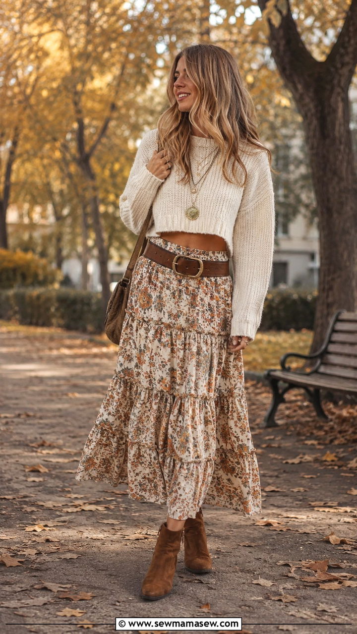 70s Boho Outfit With Tiered Midi Skirt And Cropped Knit - 25 Boho outfit ideas 70s style