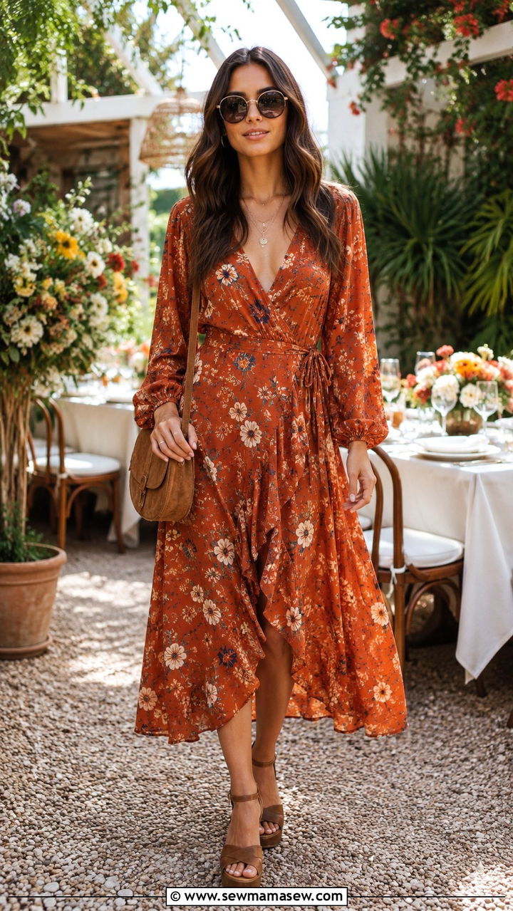 70s Boho Outfit With Wrap Dress And Wedge Sandals - 25 Boho outfit ideas 70s style