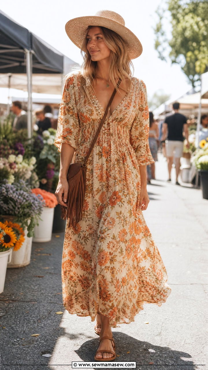 70s Floral Maxi Dress With Wide Brim Hat - 30 summer vintage outfit ideas