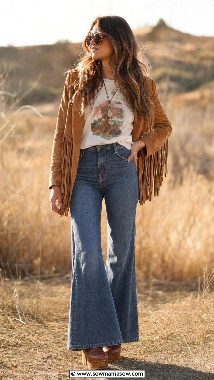 80s Fringe Suede Jacket And Flared Jeans Outfit - 35 80s outfit ideas