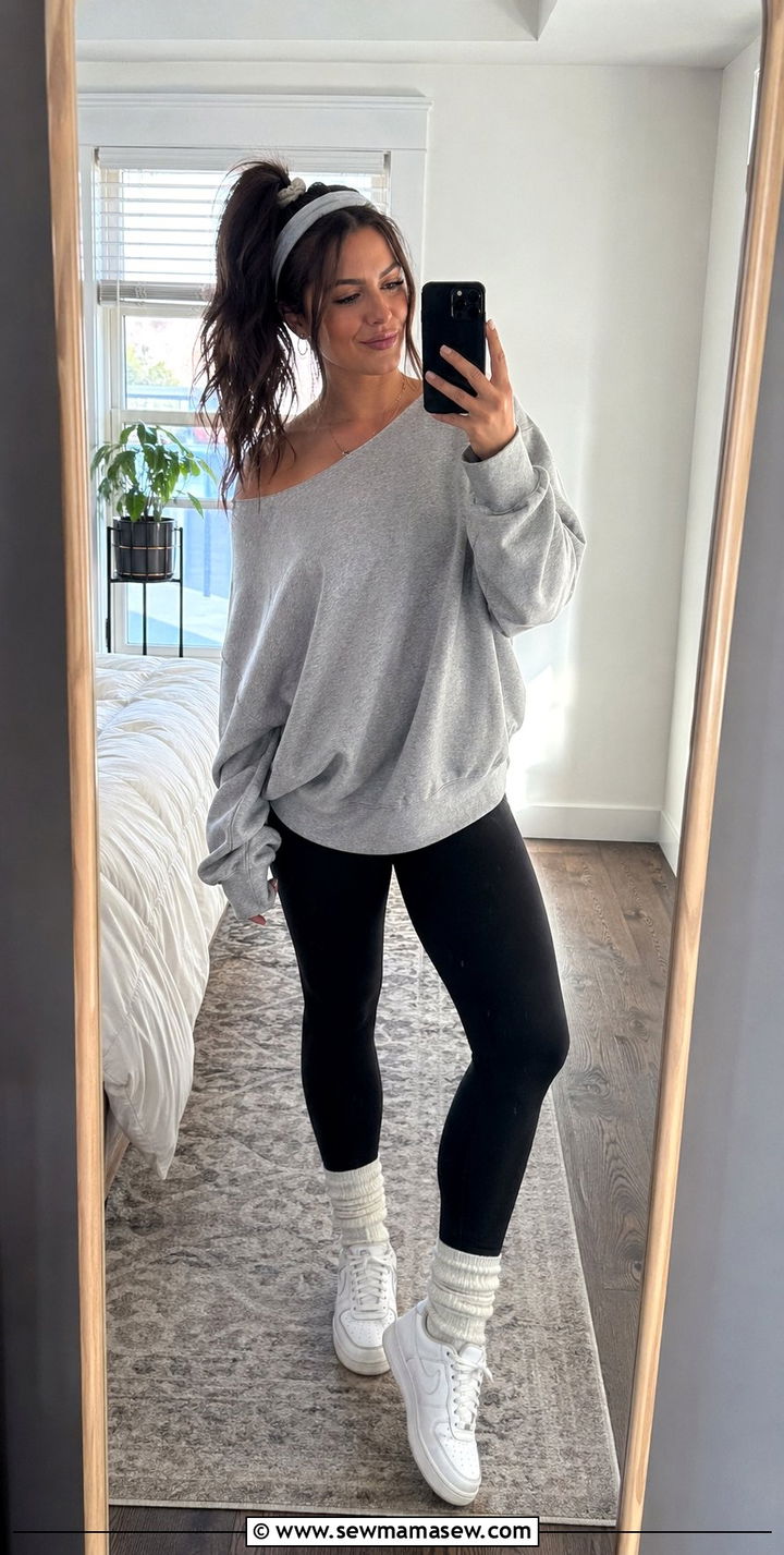 80s Off The Shoulder Sweatshirt And Leggings Outfit - 35 80s outfit ideas