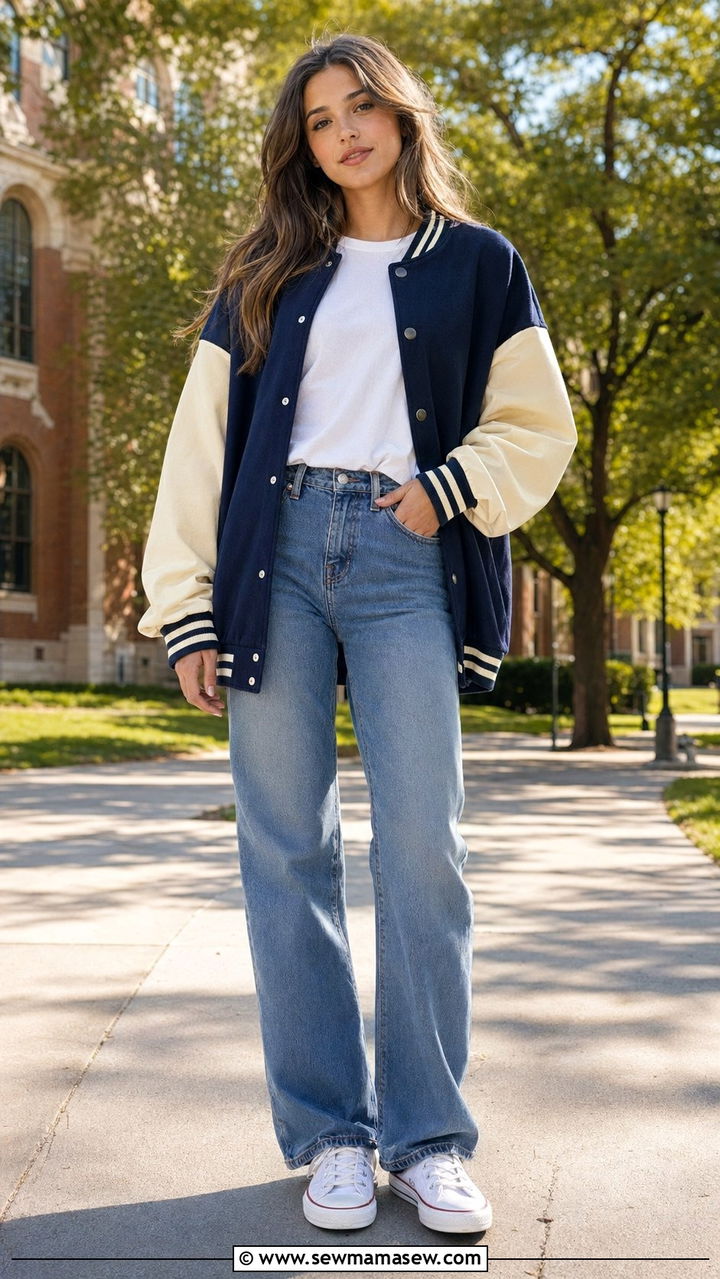 80s Oversized Varsity Jacket And Jeans Outfit - 35 80s outfit ideas