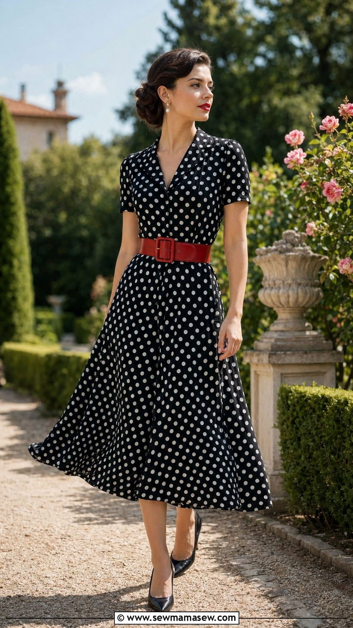80s Polka Dot Midi Dress And Belt Outfit - 35 80s outfit ideas