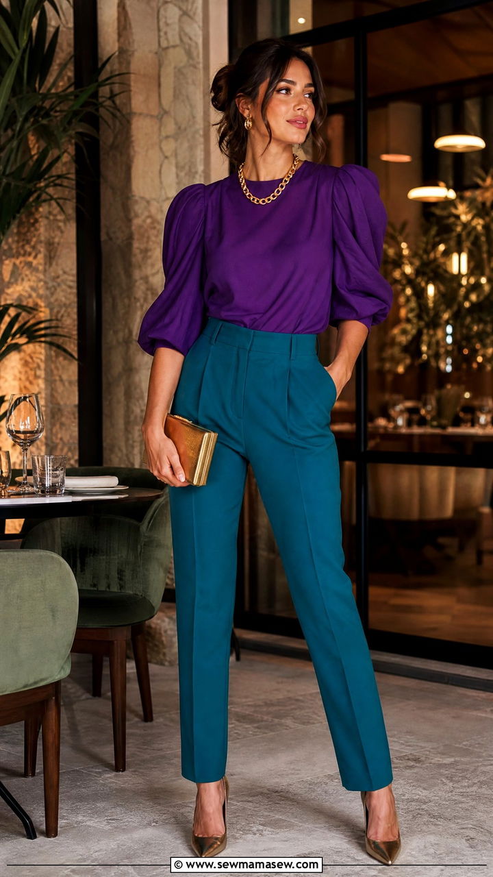 80s Statement Sleeve Top And Tailored Trousers - 30 summer vintage outfit ideas