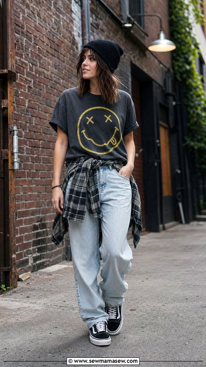 90s Band Tee With Baggy Jeans - 35 90s outfit ideas for women