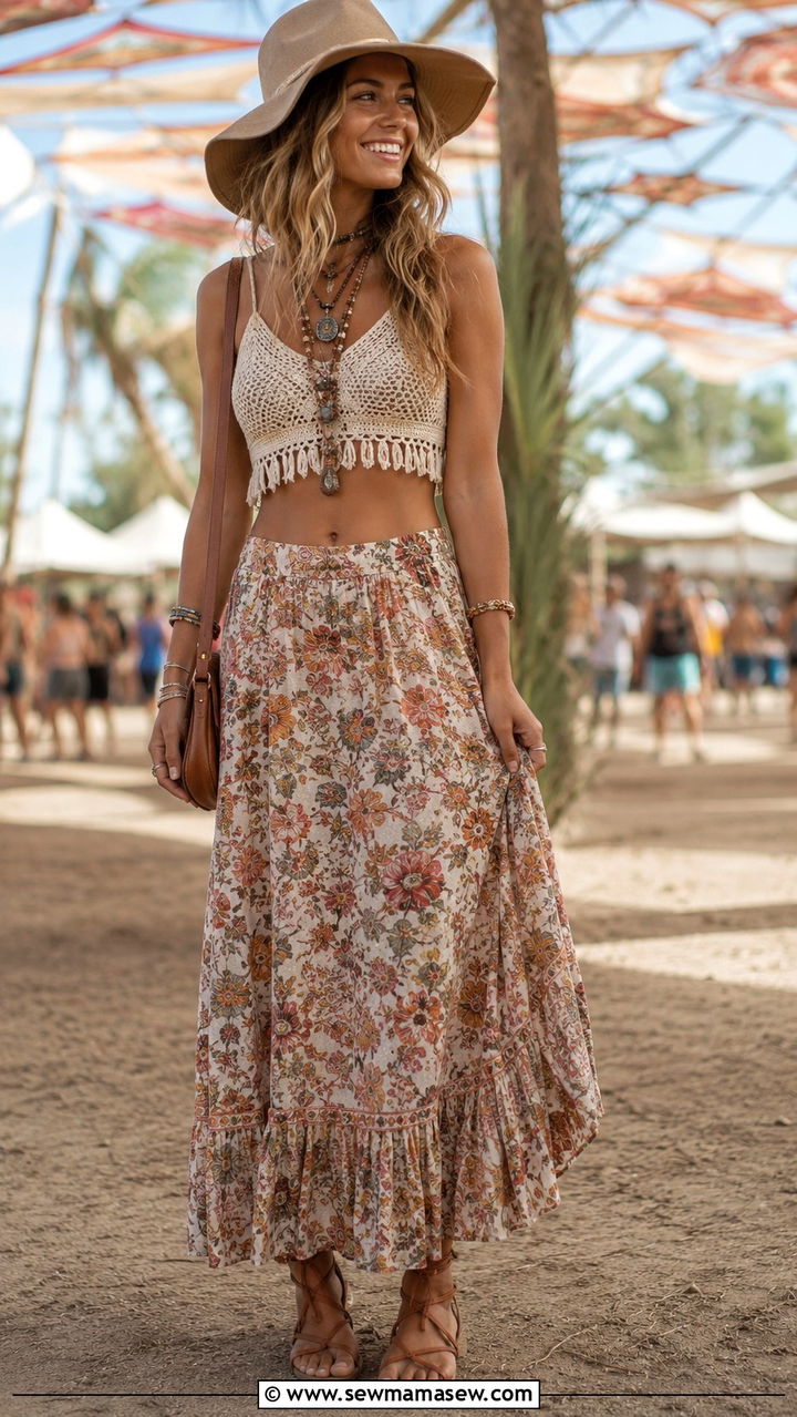 90s Boho Maxi Skirt And Crop Top Outfit - 25 90s outfits to copy