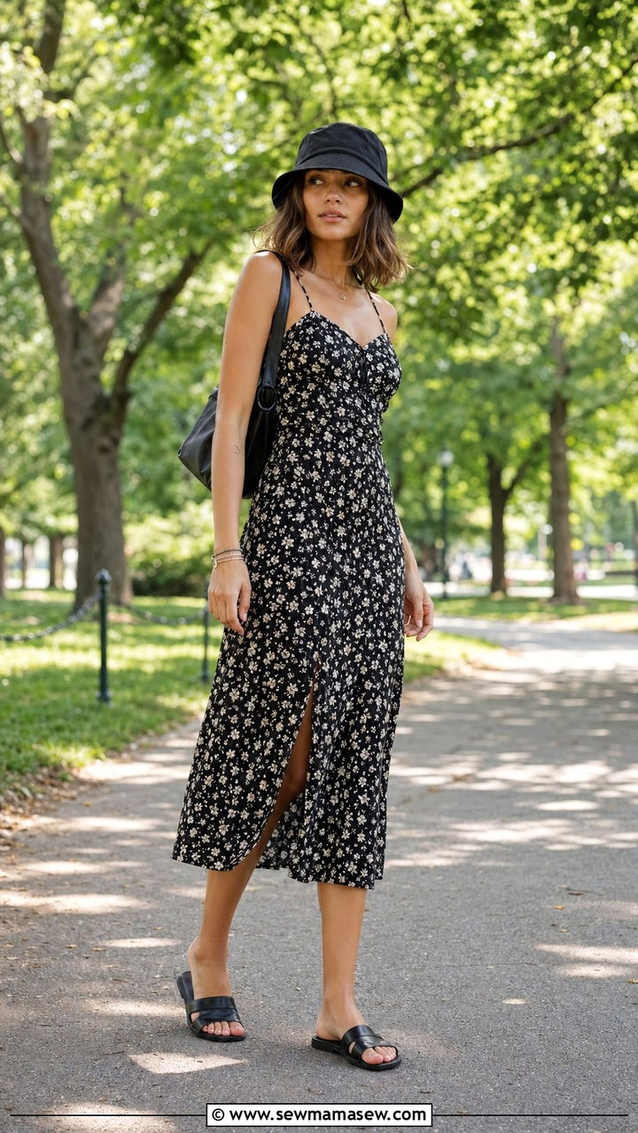 90s Bucket Hat And Floral Midi Dress Outfit - 35 90s outfits for women