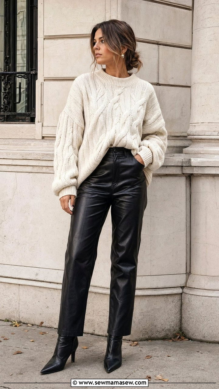 90s Chunky Knit Sweater And Leather Pants Outfit - 35 90s outfits for women