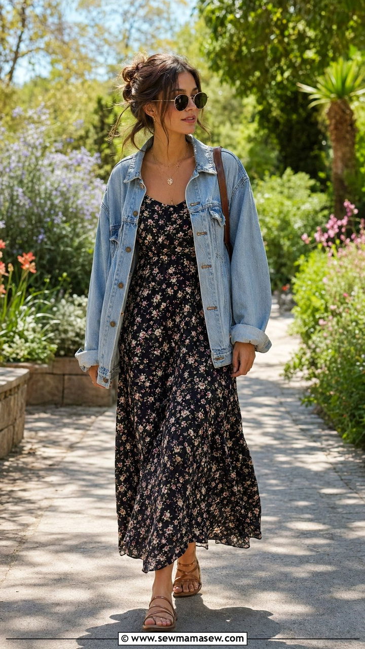 90s Denim Jacket And Floral Maxi Dress Outfit - 35 90s outfits for women