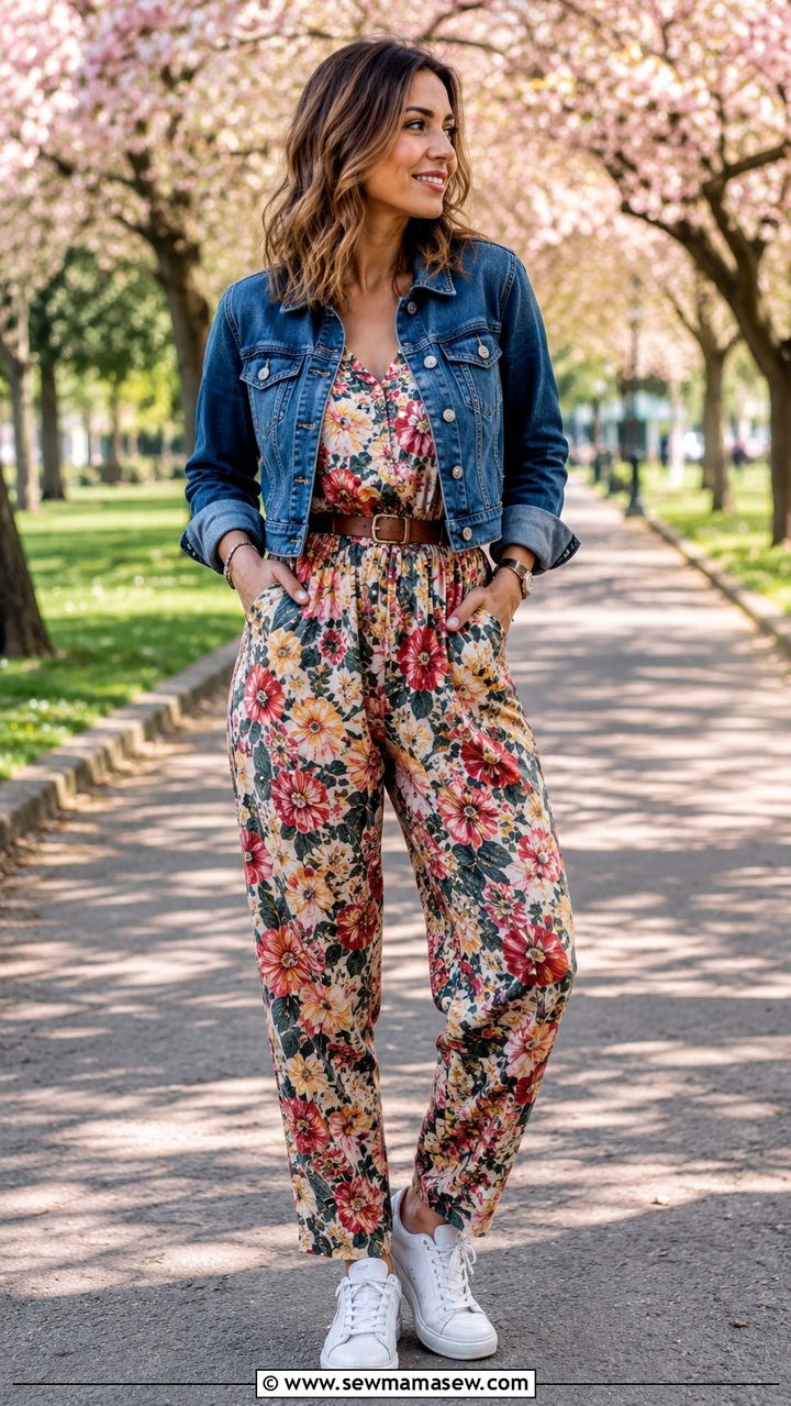 90s Floral Jumpsuit With Denim Jacket Outfit - 25 90s outfits to copy