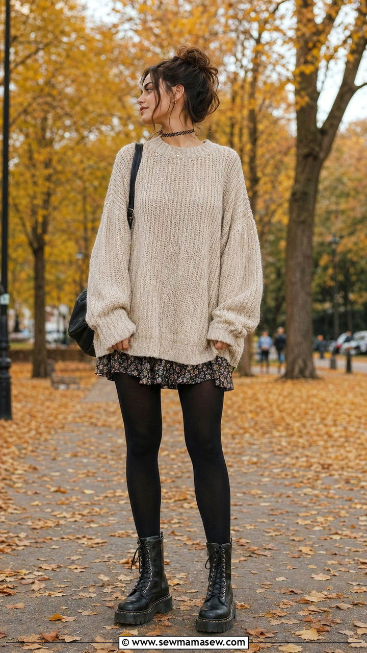 90s Grunge Oversized Sweater With Floral Dress - 35 90s outfit ideas for women