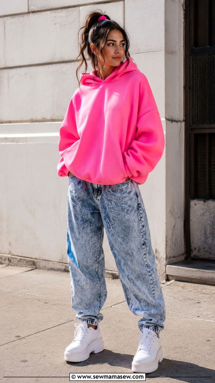 90s Neon Hoodie And Acid Wash Jeans Outfit - 25 90s outfits to copy