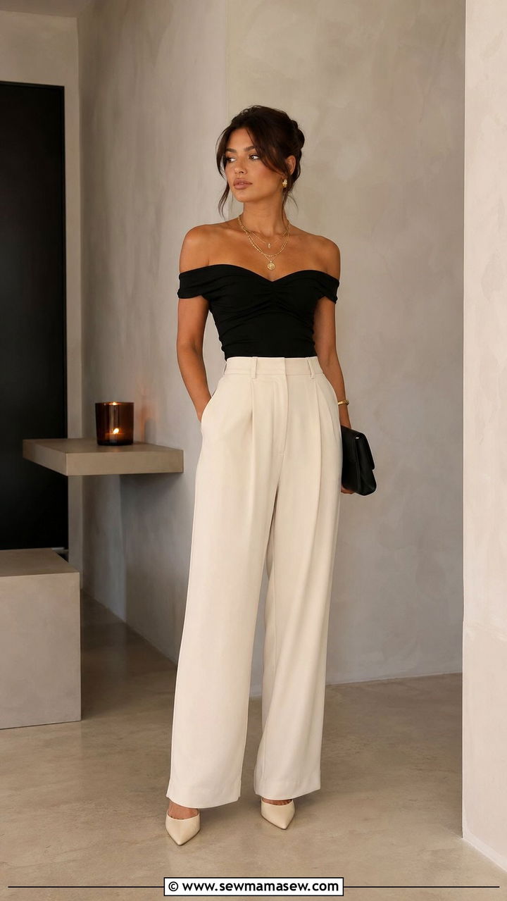 90s Off Shoulder Top And High Waisted Trousers Outfit - 35 90s outfits for women