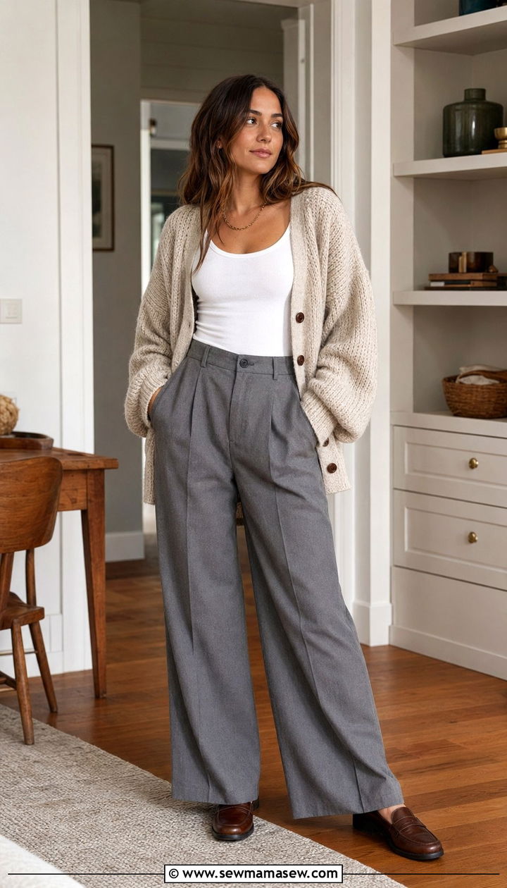 90s Oversized Cardigan And Wide Leg Trousers Outfit - 35 90s outfits for women