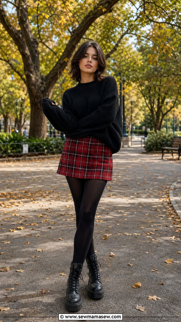 90s Plaid Mini Skirt With Tights And Boots Outfit - 35 90s outfits for women