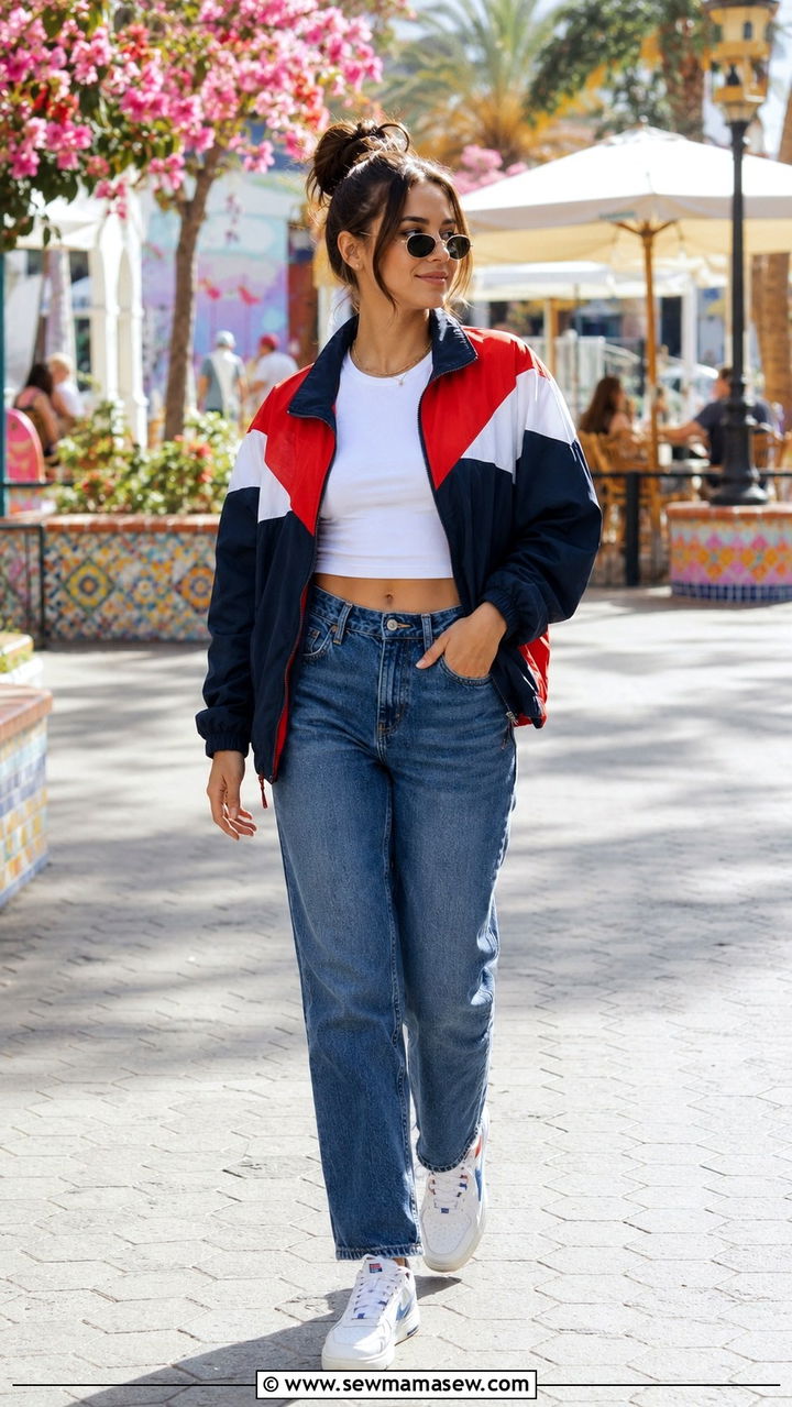 90s Retro Track Jacket with Straight Leg Jeans - 30 spring streetwear outfit ideas