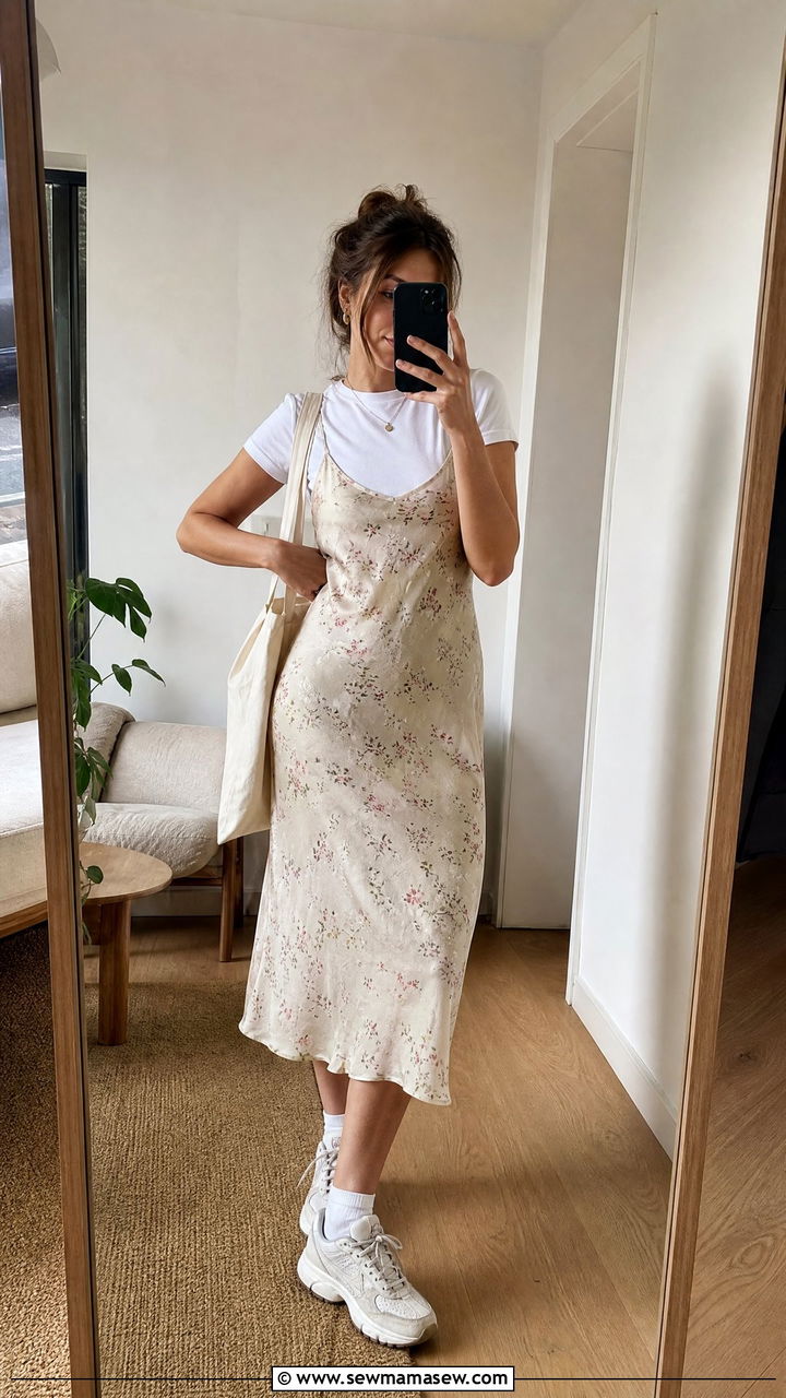 90s Slip Dress Layered Over A White Tee - 30 summer vintage outfit ideas