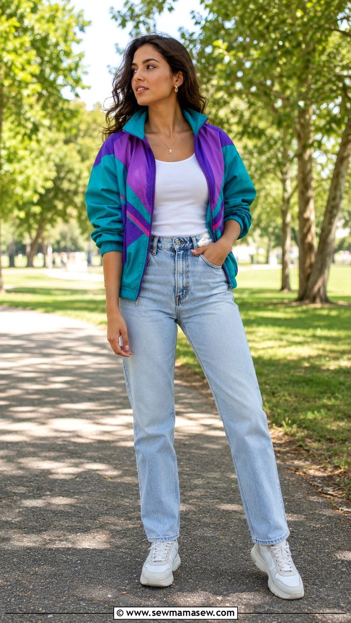 90s Windbreaker Jacket With High Waisted Jeans Outfit - 25 90s outfits to copy