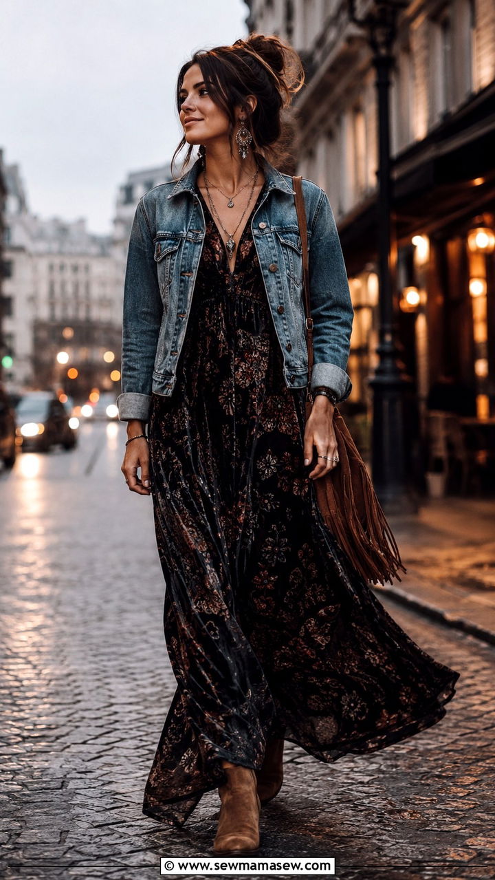 A Burnout Velvet Maxi Dress With Denim Jacket And Ankle Boots - 30 Boho outfit ideas for travel