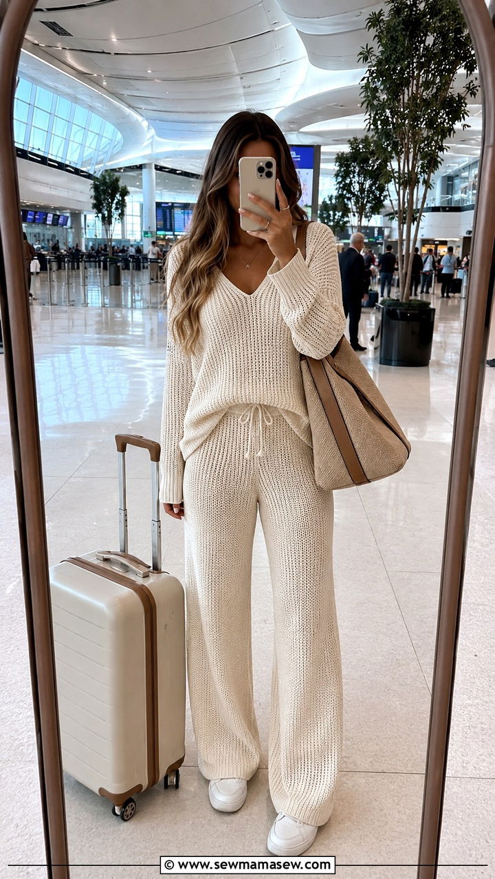 A Cream Knit Co Ord Set With White Sneakers And An Oversized Tote - 30 Boho outfit ideas for travel