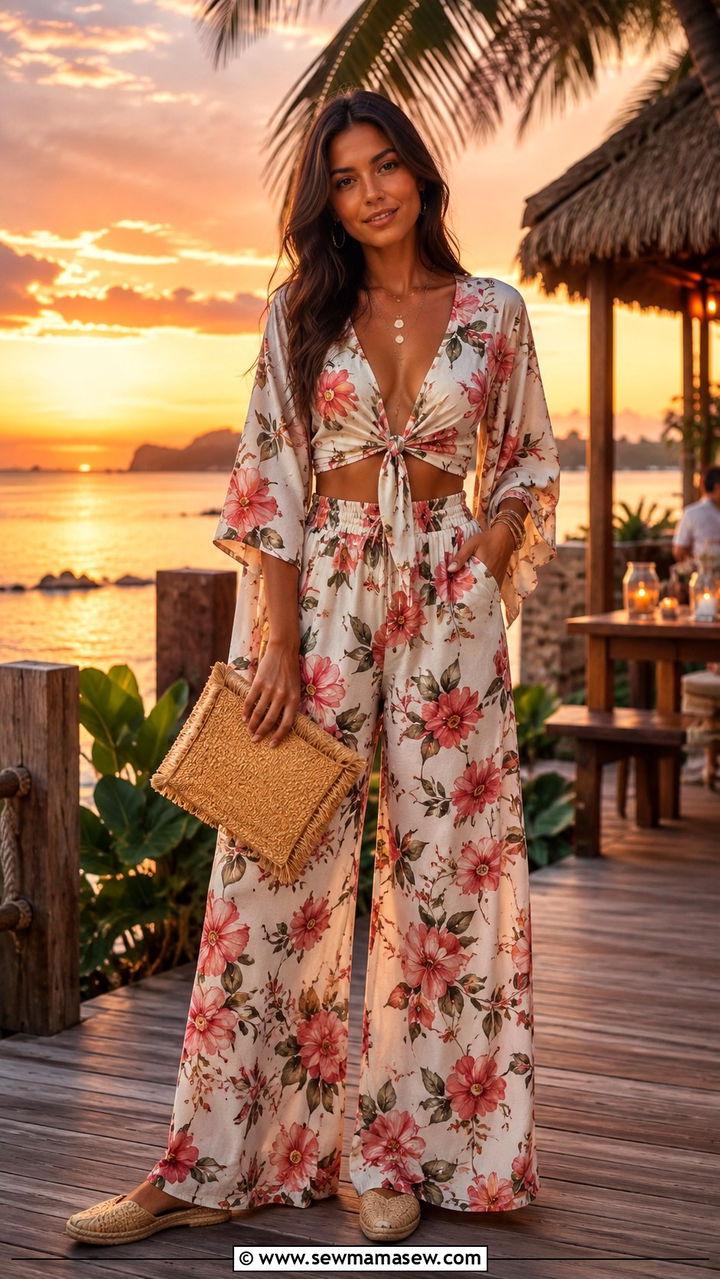 A Floral Print Co Ord Set With Flat Espadrilles And A Straw Clutch - 30 Boho outfit ideas for travel