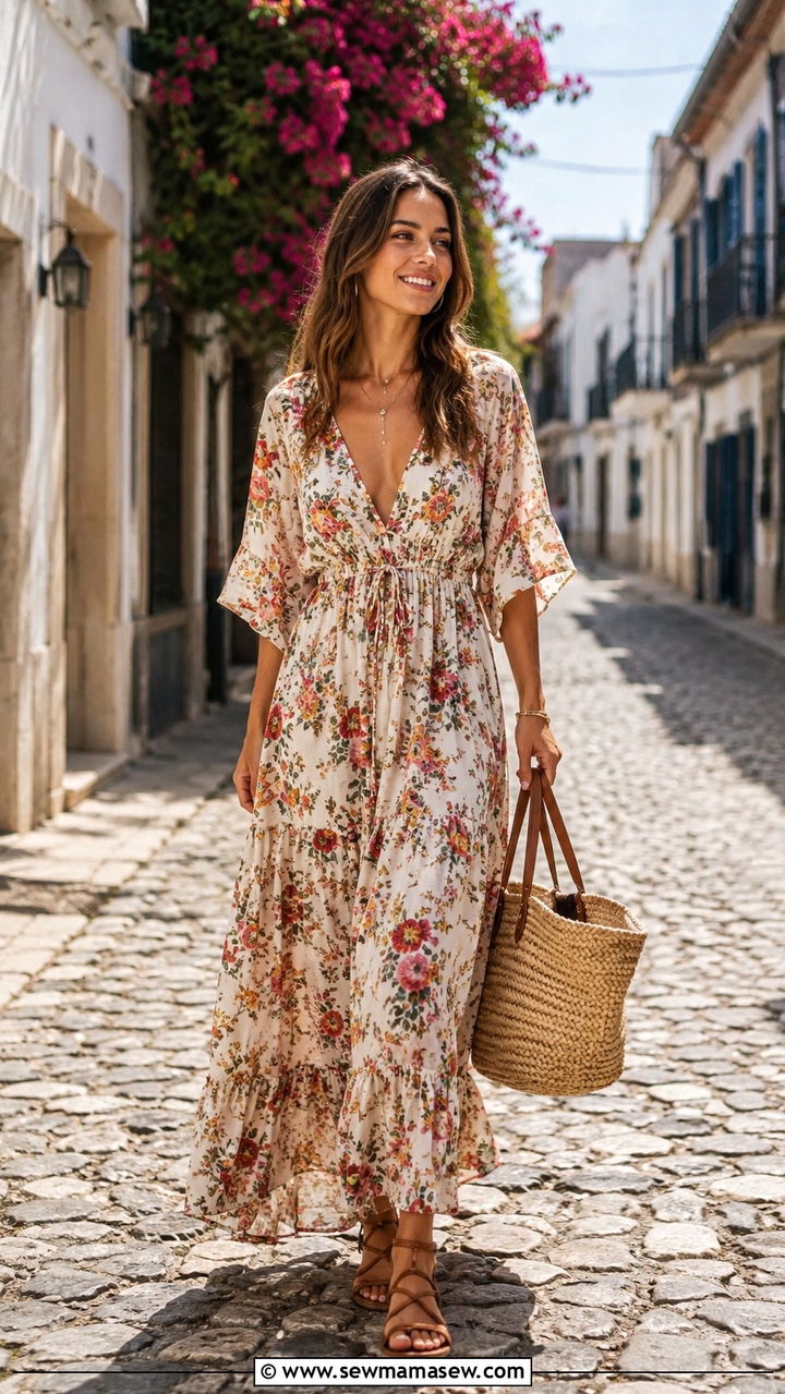 A Flowy Floral Maxi Dress With Strappy Sandals And A Straw Tote - 30 Boho outfit ideas for travel