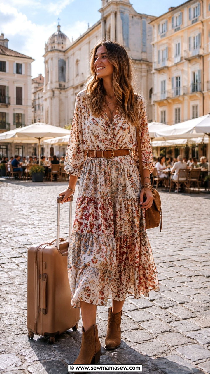 A Flowy Tiered Midi Dress With Western Ankle Boots And A Leather Belt - 30 Boho outfit ideas for travel