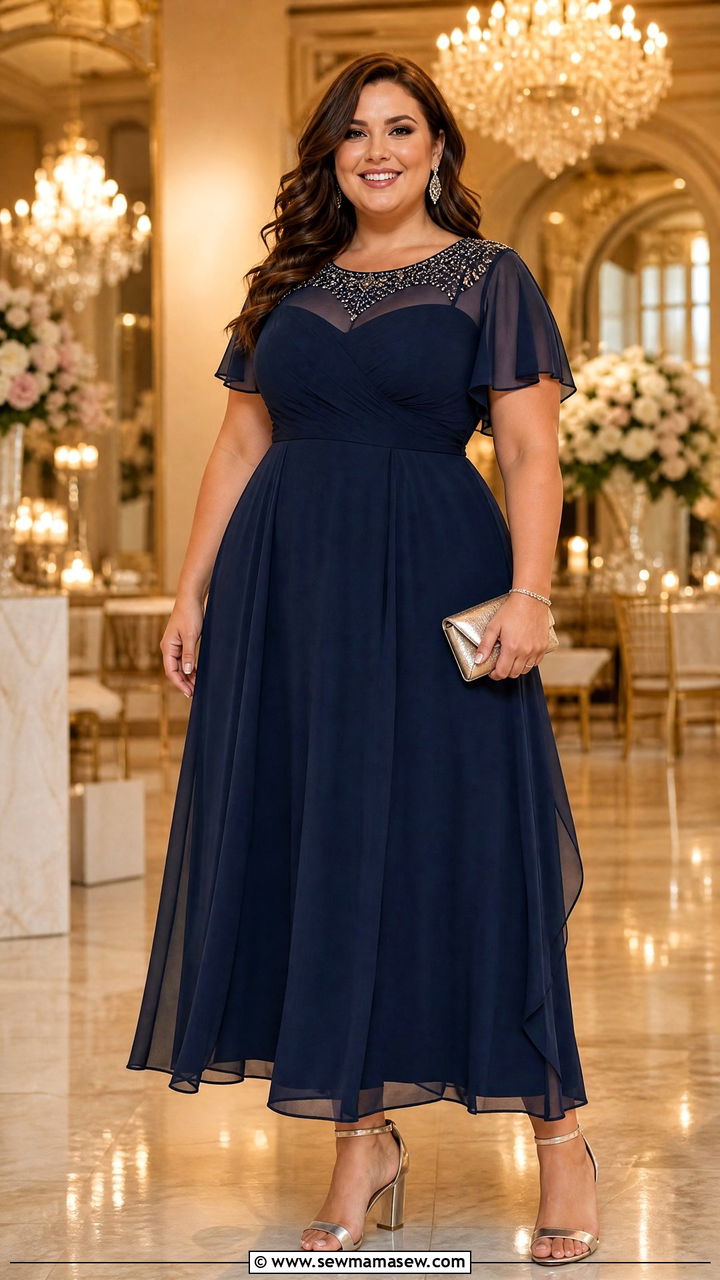 A Line Chiffon Gown With Beaded Neckline - 25 Wedding guest outfit ideas for plus size mom