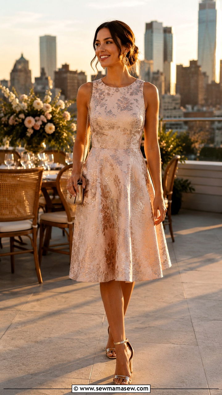 A Line Cocktail Dress with Block Heel Sandals - 25 Wedding guest outfit ideas A line dress