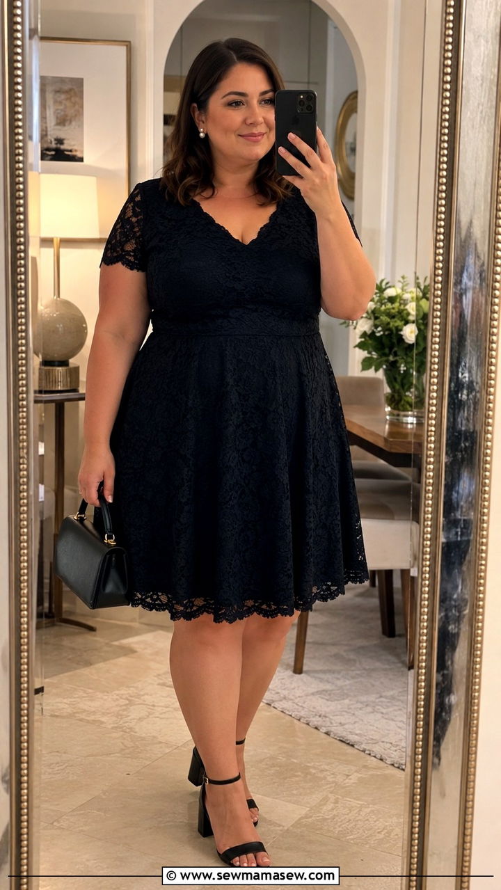 A Line Cocktail Dress with Block Heels - 30 plus size dinner outfit ideas