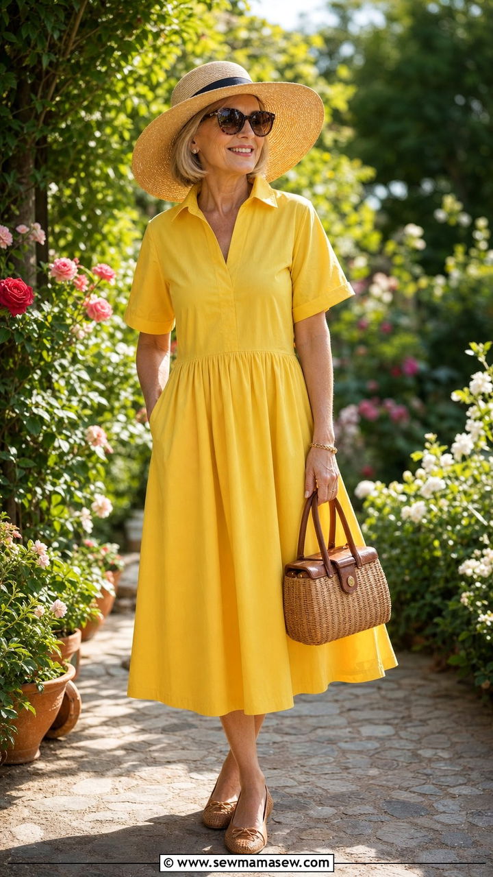 A Line Cotton Dress with a Sun Hat and Woven Flats - 25 Family reunion outfit ideas for women over 50
