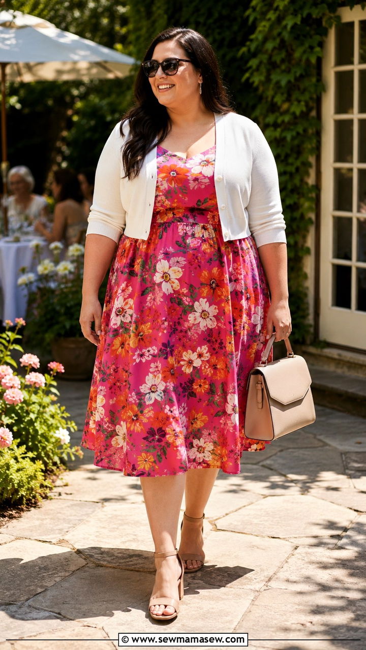 A Line Day Dress With Cropped Cardigan - 25 Wedding guest outfit ideas size 18