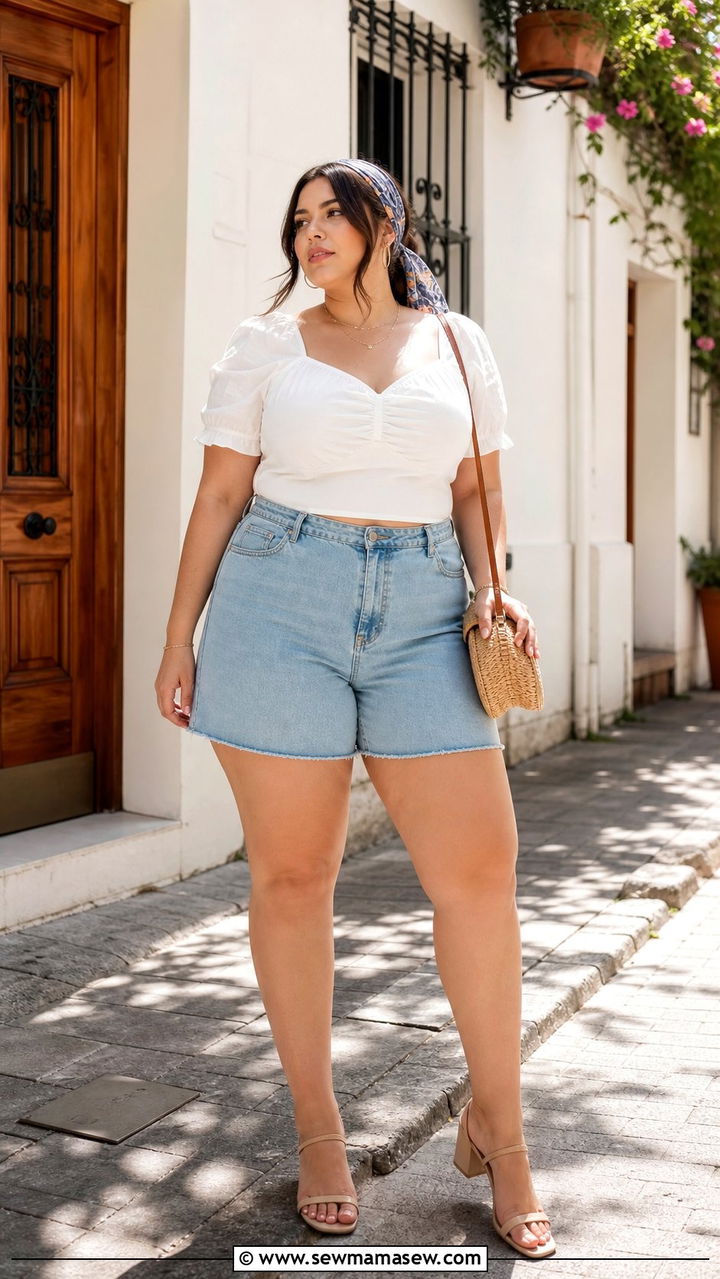 A Line Denim Shorts with Puff Sleeve Top - 25 Denim shorts outfit ideas plus size