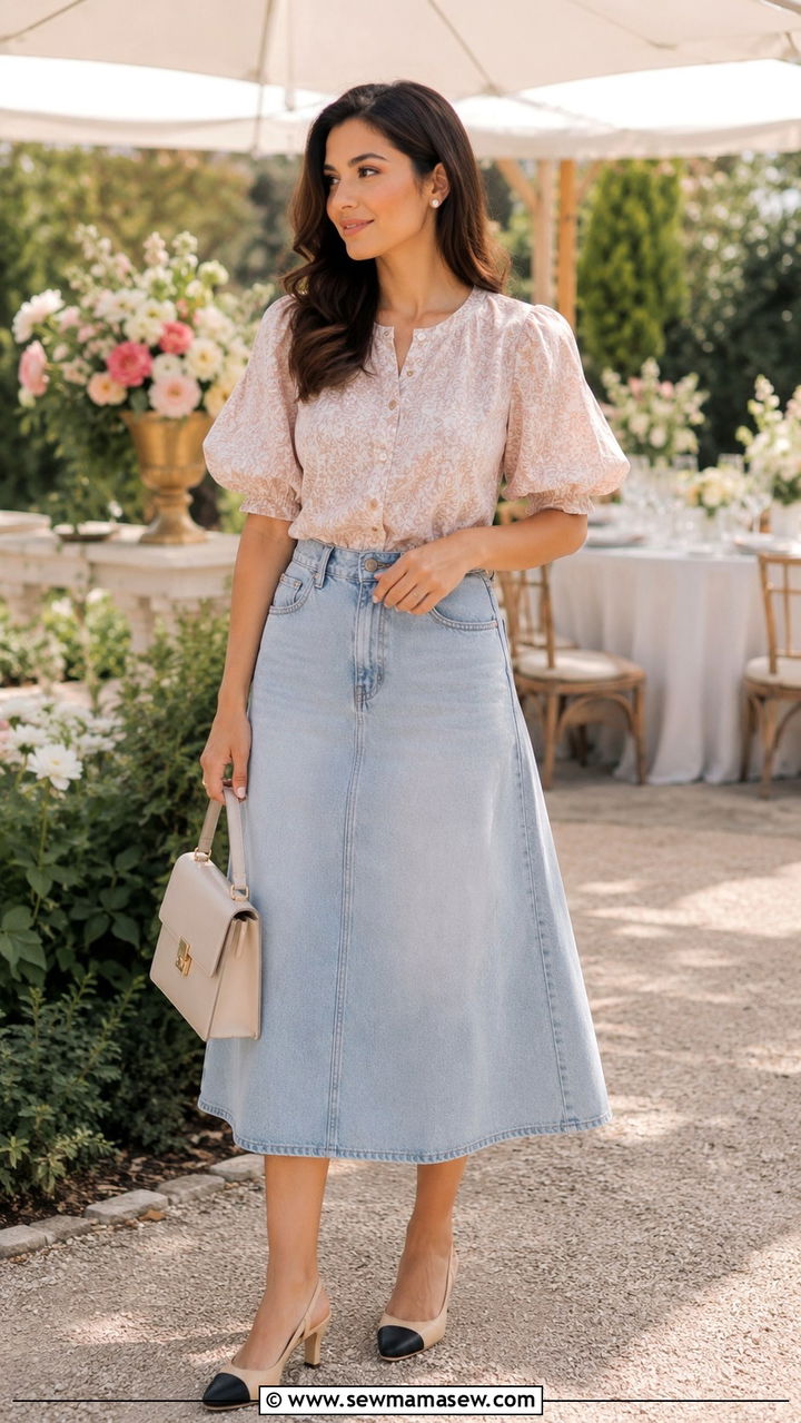 A Line Denim Skirt with Slingback Heels - 30 Denim skirt outfit ideas with heels