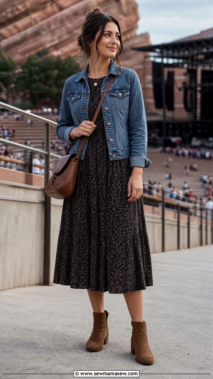 A Line Dress With Denim Jacket - 30 modest concert outfit ideas