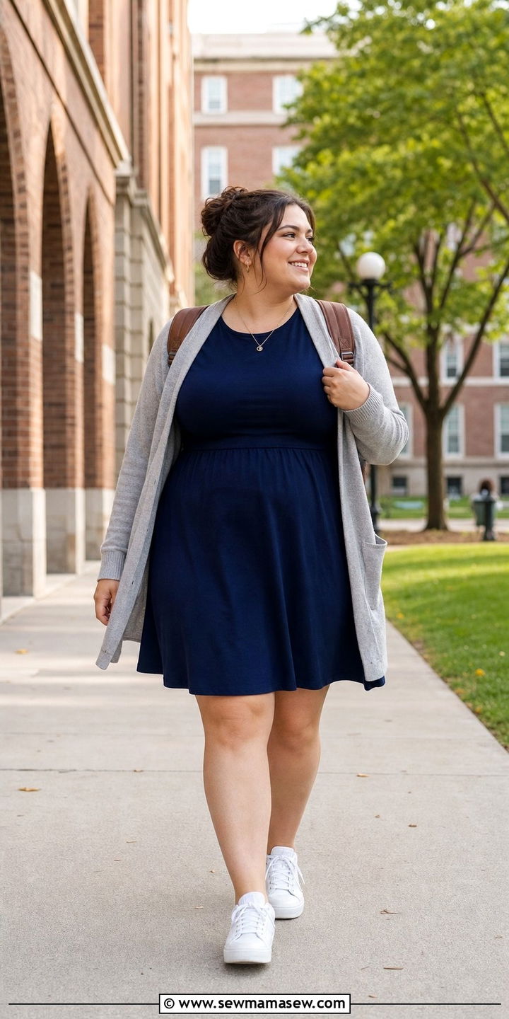 A Line Dress and White Sneakers College Outfit - 25 College outfit ideas plus size