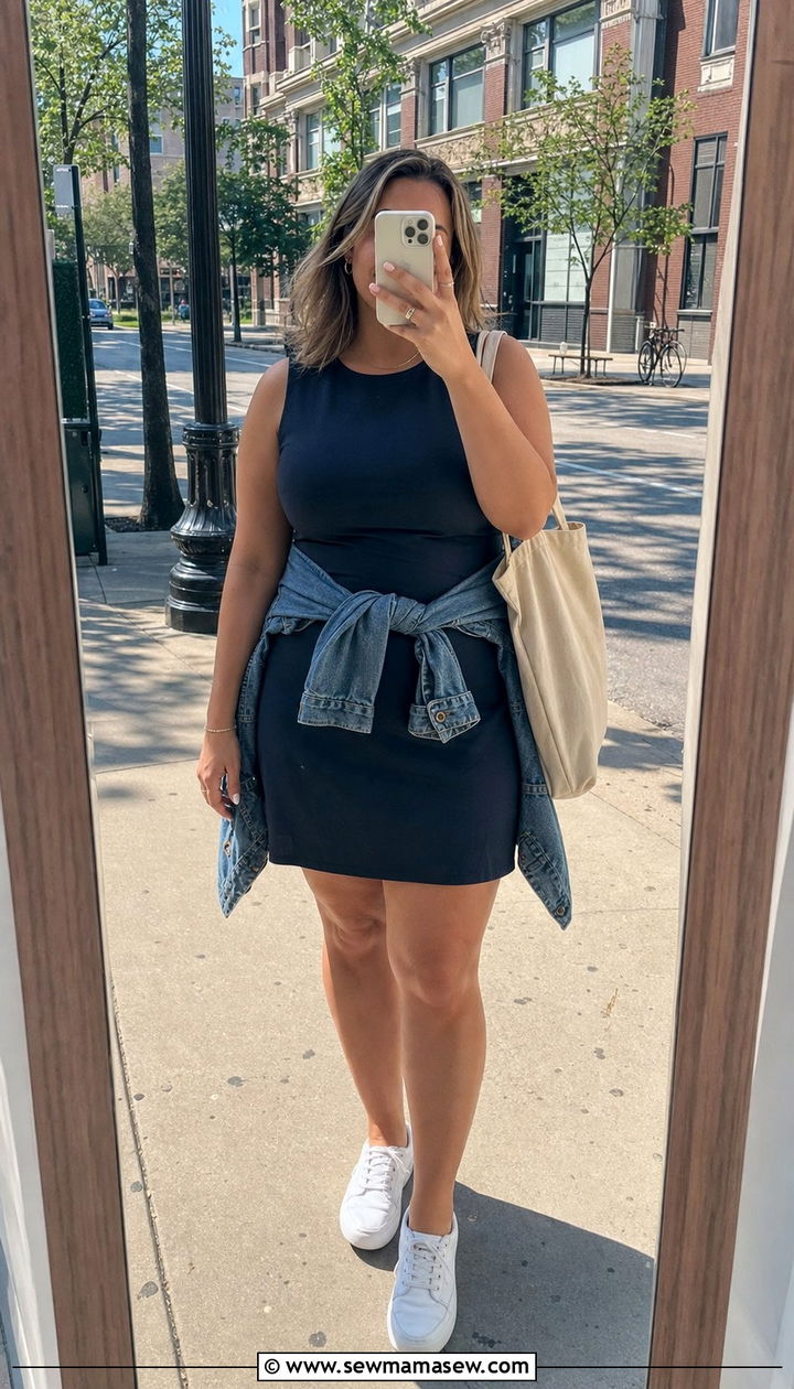 A Line Dress and White Sneakers for Apple Shape - 25 Cute outfits for apple shape