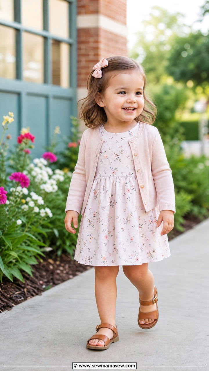 A Line Dress with Cardigan and Strap Sandals - 25 First day of preschool outfit ideas