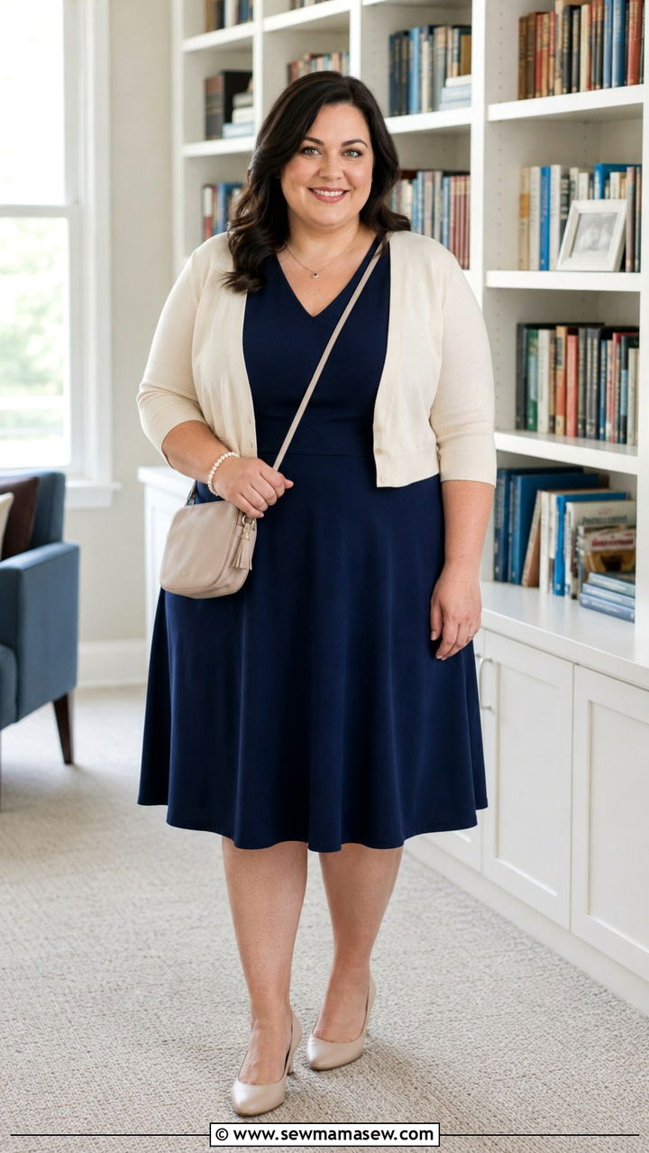 A Line Dress with Cropped Cardigan - 30 Plus size corporate outfit ideas